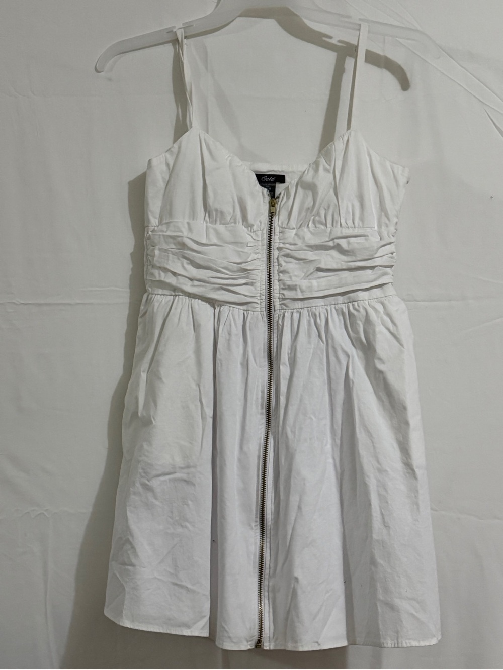 White Zip-Front Spaghetti Strap Mini Dress